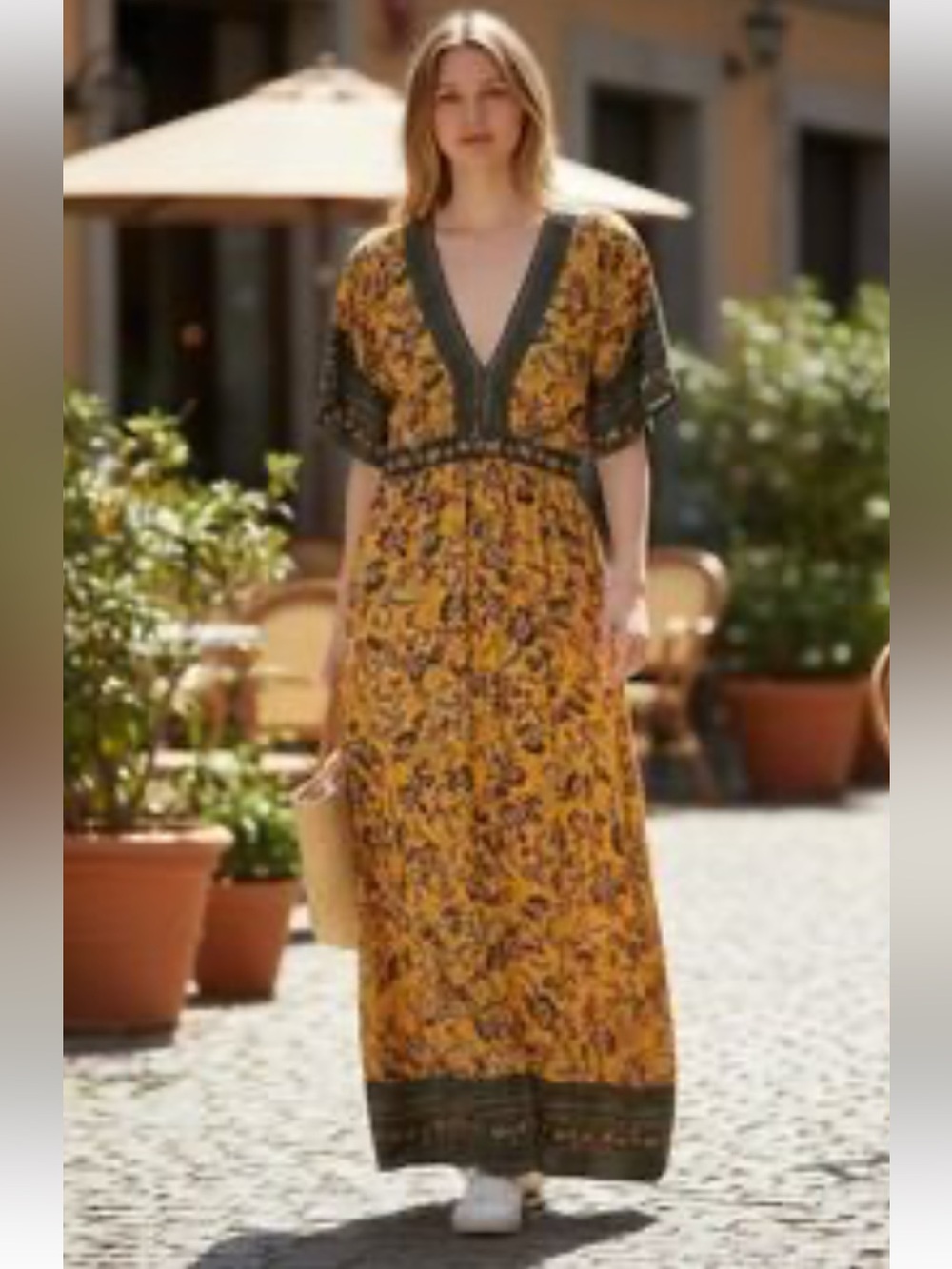 Urban Romantics Boho Floral V-Neck Maxi Dress in Mustard Yellow